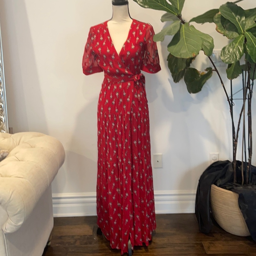 Ba&sh red floral maxi puff sleeve dress gown NEW
